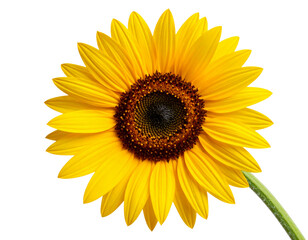 Angled View of a Sunflower Head with Curved Petals and Partial Stem Transparent Background PNG