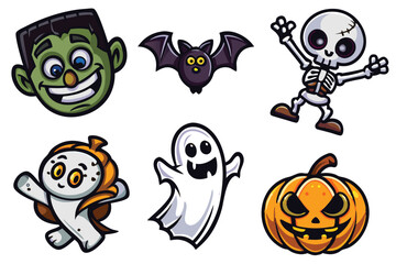 Cartoon Halloween Characters Featuring Frankenstein Bat Skeleton Ghost and Pumpkin Smiling