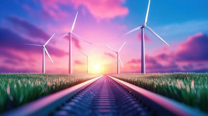 Train Environmental Sustainability Wind turbines generating clean energy for a hyperloop system, emphasizing renewable power sources and eco friendly travel