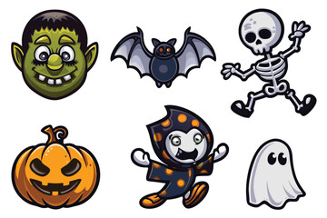 Cartoon Halloween Characters Featuring a Frankenstein Monster Pumpkin Bat Skeleton and Ghost Costume for Spooky Fun