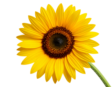 Angled View of a Sunflower Head with Curved Petals and Partial Stem Transparent Background PNG