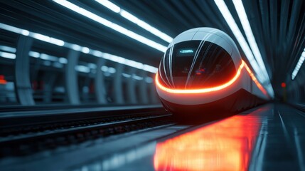 Hyperloop train Hyperloop train at a station, passengers boarding and disembarking, showcasing its practicality and convenience