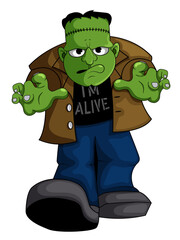 Cartoon Frankenstein Monster Walking Forward – Spooky Funny Halloween Character Vector Illustration