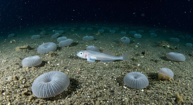 A shortarse feelerfish rests on the deep-sea floor at 4,500 m, lit by submersible lights. Surrounded by xenophyophore tests, the pale fish displays its fins and vestigial eyes.