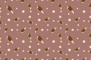 Seamless pattern featuring chocolate ice cream bars and dots on brown background creates playful and sweet design
