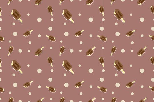 Seamless pattern featuring chocolate ice cream bars and dots on brown background creates playful and sweet design