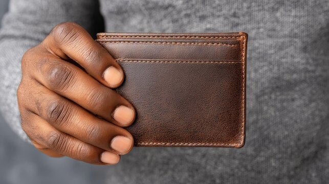 Tired man's hand holding leather wallet with no cash for payment urban environment close-up view on financial struggles