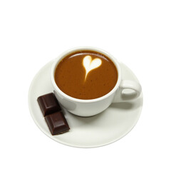 Fototapeta premium A cup of espresso with crema on top, served with a single square of dark chocolate on a saucer.