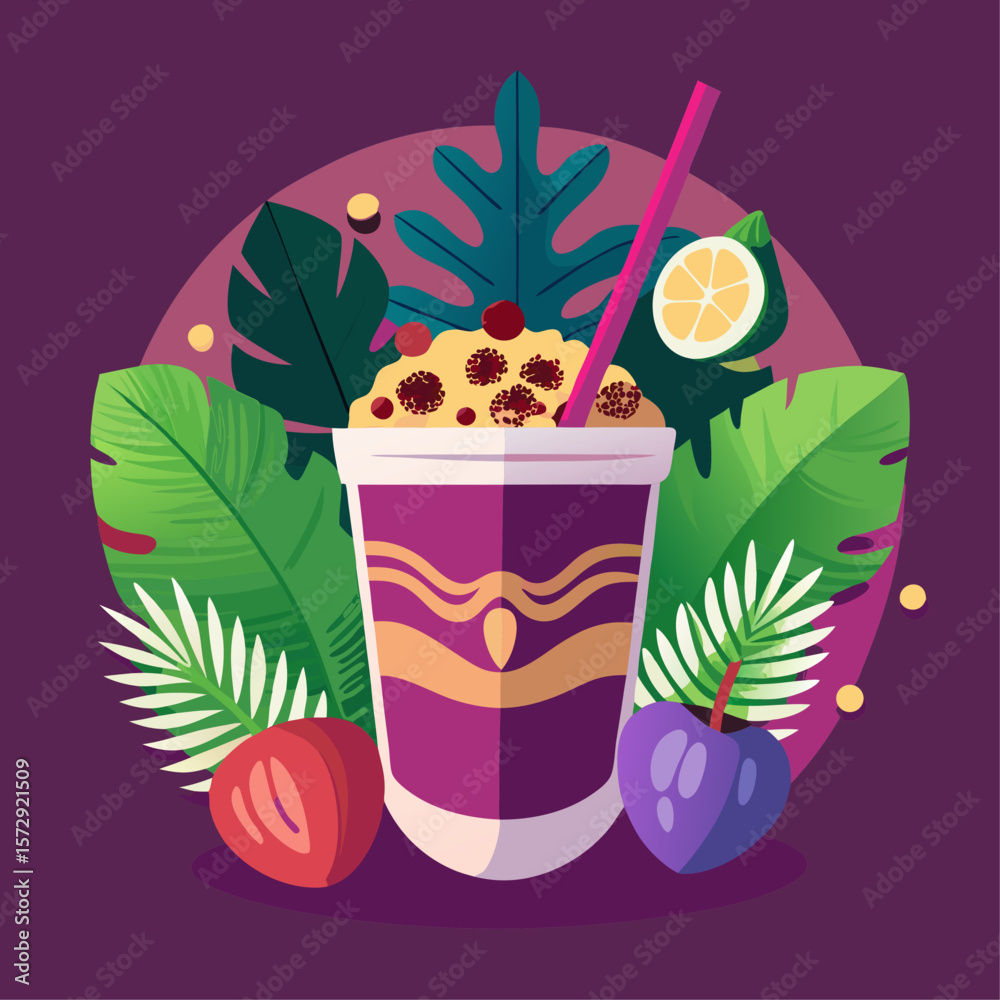 Fototapete a drink in a cup with a straw and a bunch of fruit on the side. the drink is a smoothie and the frui
