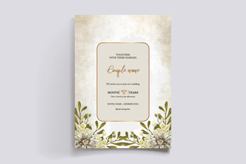 WEDDING INVITATION FRAME WITH FLOWER DECORATIONS AND FRESH LEAVES