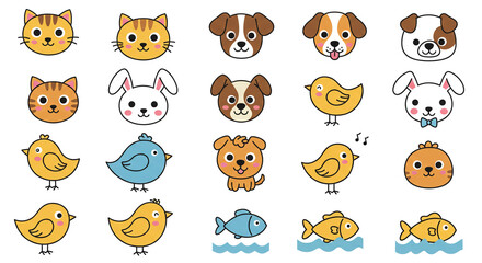 Fototapeta premium Cute cartoon animals vector illustration collection cat dog bird fish rabbit graphic design for kids art