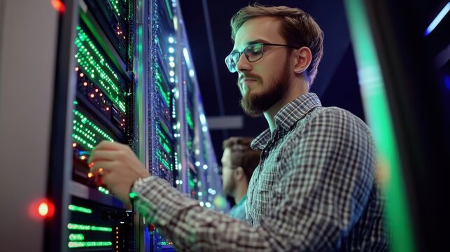 Server room technician examining network infrastructure with illuminated servers