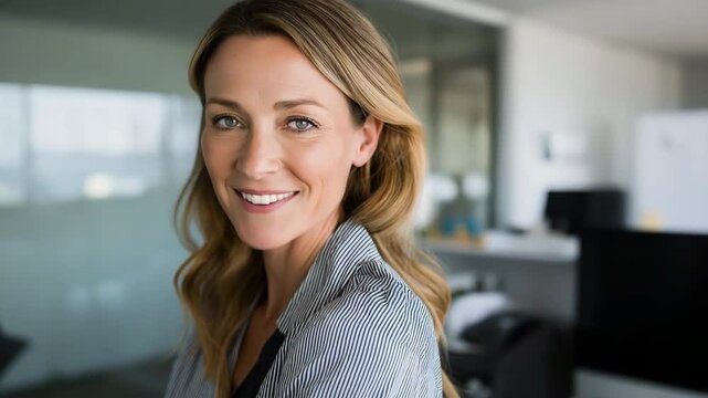 A woman with long hair is smiling and looking at the camera. She is wearing a striped shirt and is standing in front of a white wall