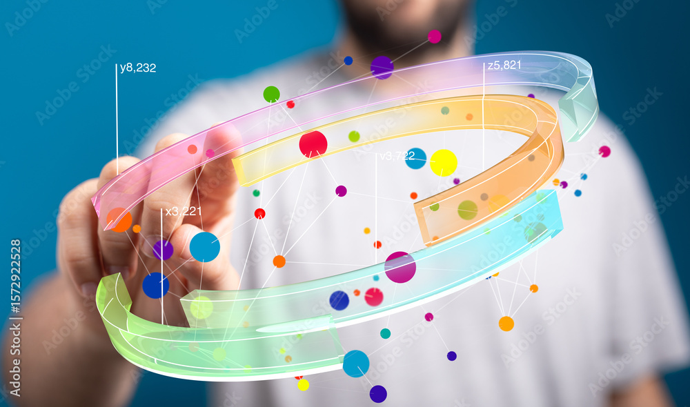 Poster stock photo of a person interacting with a 3d data visualization. colorful nodes and connections rep