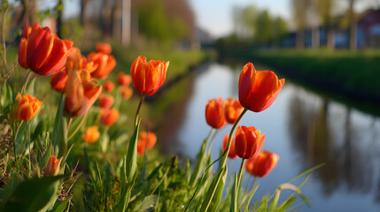 Obraz premium red and yellow tulips in spring