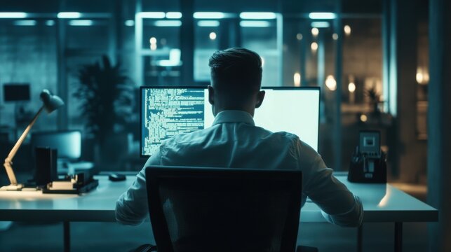 Focused programmer immersed in complex coding during a late-night session