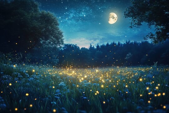 Moonlit meadow illuminated by fireflies under a starlit sky at night, Moonlit meadow with fireflies under a starlit sky, fantasy Photo background