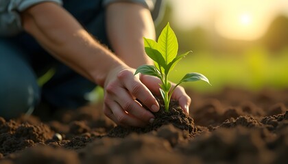 Hands plant a young seedling in brown soil bathed in sunlight symbolizing growth
