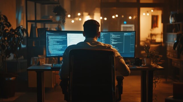 Focused programmer working late at night with dual monitors coding project - Powered by Adobe