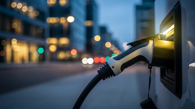 Electric vehicle charging station at night city lights background