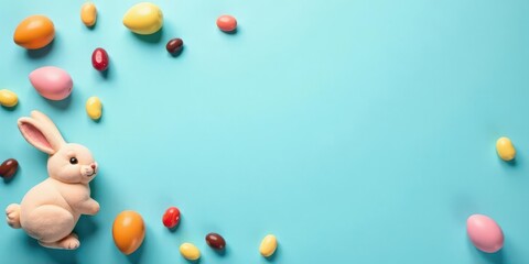 Pastel Bunny with Colorful Eggs and Candies on Blue Background