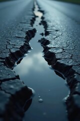 A Deep Crack in the Asphalt Reveals a Still Reflection of the Sky