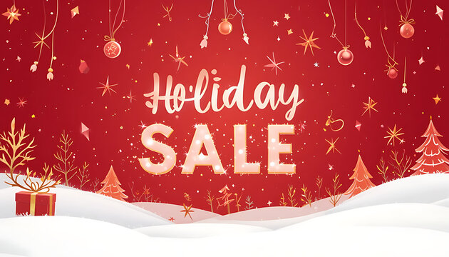 holiday sale, winter landscape, snow, christmas trees, stars, hanging ornaments, text overlay, gold accents, red background, minimalistic design, HD image - Powered by Adobe