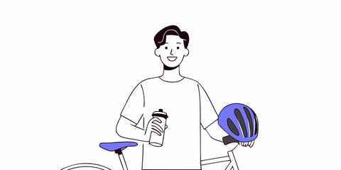Fototapeta premium A cyclist ready for a ride holds a water bottle and helmet, ideal for sporty themes and fitness promotions focusing on cycling lifestyle.