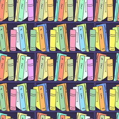 Seamless pattern of a wall-mounted bookcase. Background of bright hand-drawn stacks of books. School library, fairy-tale background for textiles, packaging, stationery, signs, and banners.
