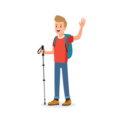 Fototapeta premium Cheerful hiker with backpack and trekking pole waving vector