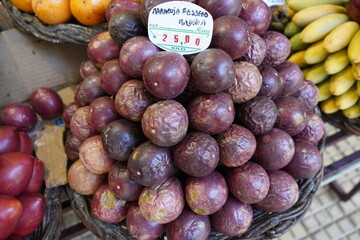 Tropical fruits growing on the island of Madeira in Portugal. Madeira, Portugal.