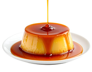 flan dessert topped with rich caramel stream and syrup drip on white plate on isolated background sweet custard pudding
