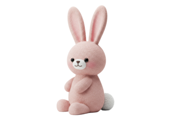 Isolated Plush Pink Bunny with Large Ears and White Tail, Seated Position