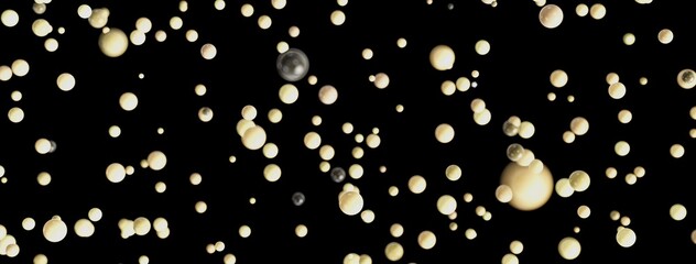 Abstract image of many beige and grey spheres floating on a black background. Perfect for backgrounds, websites, and more!
