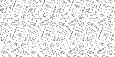 Seamless pattern with school supplies, mathematical formulas, geometry problems, ruler, pencil, and eraser drawn by hand in doodle style. Education concept, Back to school.