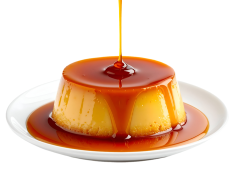 flan dessert topped with rich caramel stream and syrup drip on white plate on isolated background sweet custard pudding
