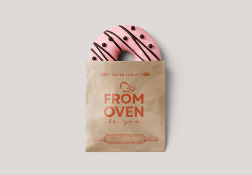 Donut Packaging Mockup &ndash; Kraft Paper Bag with Top View Presentation for Bakery Branding