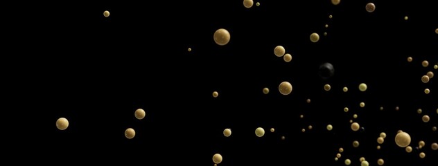 Elegant abstract image of gold and black spheres floating on a black background. Perfect for luxury, modern designs.