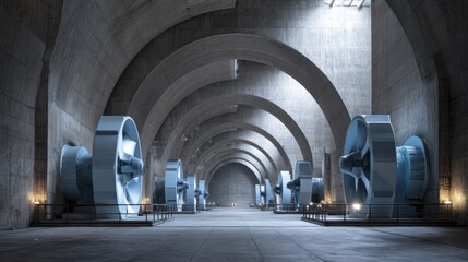 Hydropower station with spinning turbines inside concrete tunnel