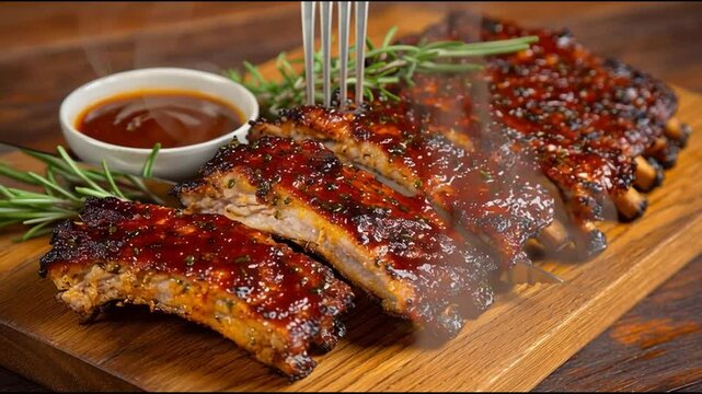 Juicy barbecue ribs with a glossy glaze and fresh herbs served on a wooden board with a side of dipping sauce.