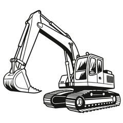 Detailed Black and White Illustration of a Large Excavator Construction Vehicle Machine with Raised Boom and Bucket