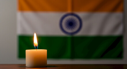 Candle burning in front of Indian flag on wooden table background  