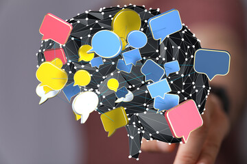 Conceptual image: interconnected speech bubbles represent global communication, networking, and the...