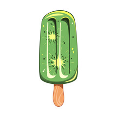Kiwi ice cream, fruit popsicle on a wooden stick with kiwi pieces. Summer cold dessert, frozen juice.Vector illustration.