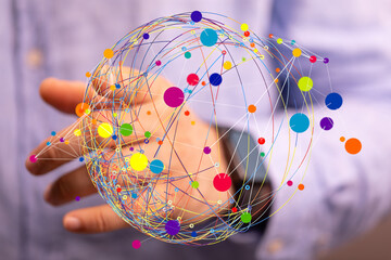 Abstract image of a global network with colorful nodes and interconnected lines, representing...