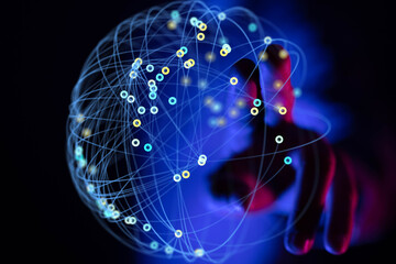 Abstract image of a hand interacting with a glowing digital network. Perfect for technology, AI, and connectivity concepts.