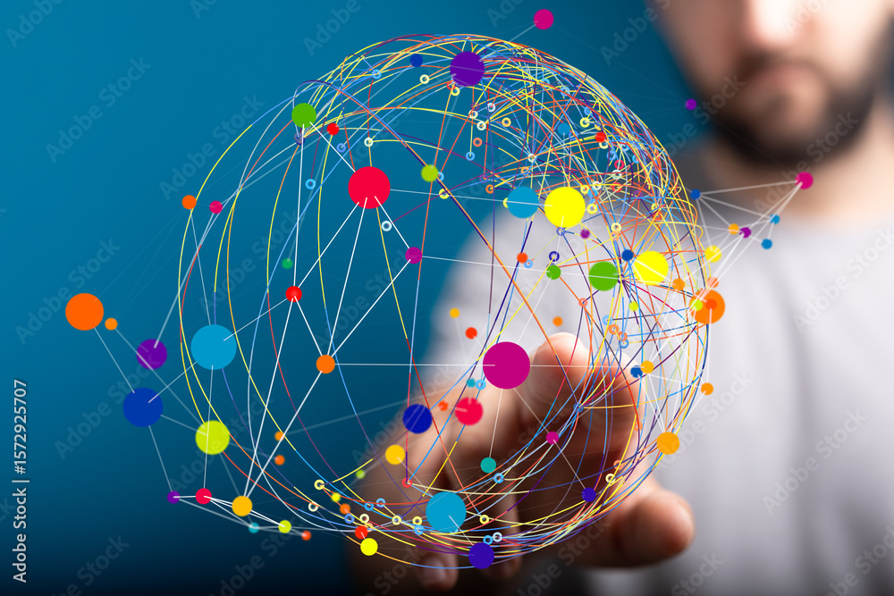 Poster abstract image of a global network. colorful nodes and lines represent connections and data.