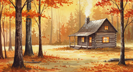 Watercolor cabin in forest during autumn with colorful leaves and soft golden light in cozy nature scene