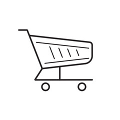 Minimalist black outline of a shopping cart icon with two wheels, symbolizing retail, commerce, or online shopping.