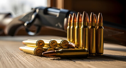 Assorted Bullet Ammunition with Handgun on Wooden Surface